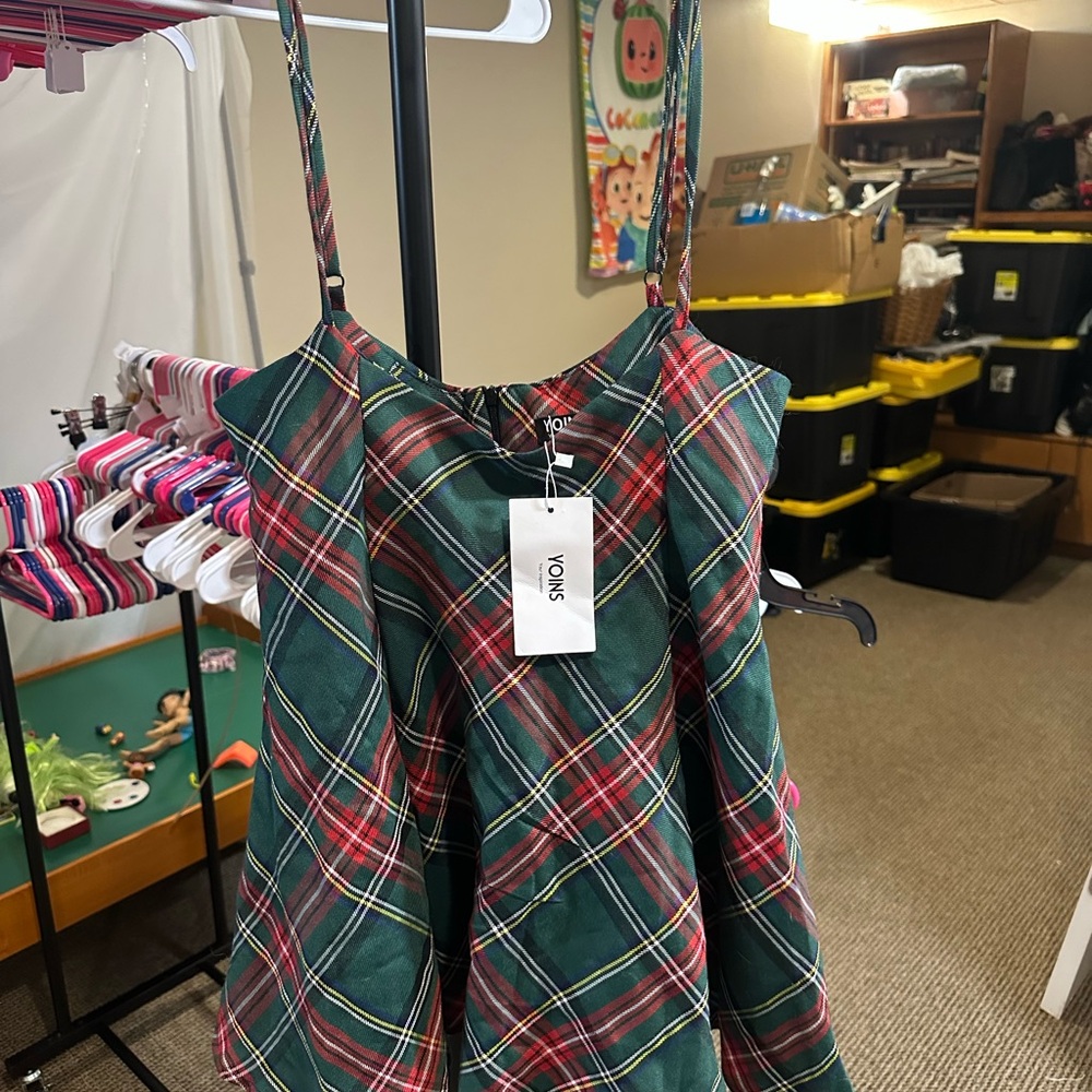 YOINS Green and Red Plaid Strappy Dress